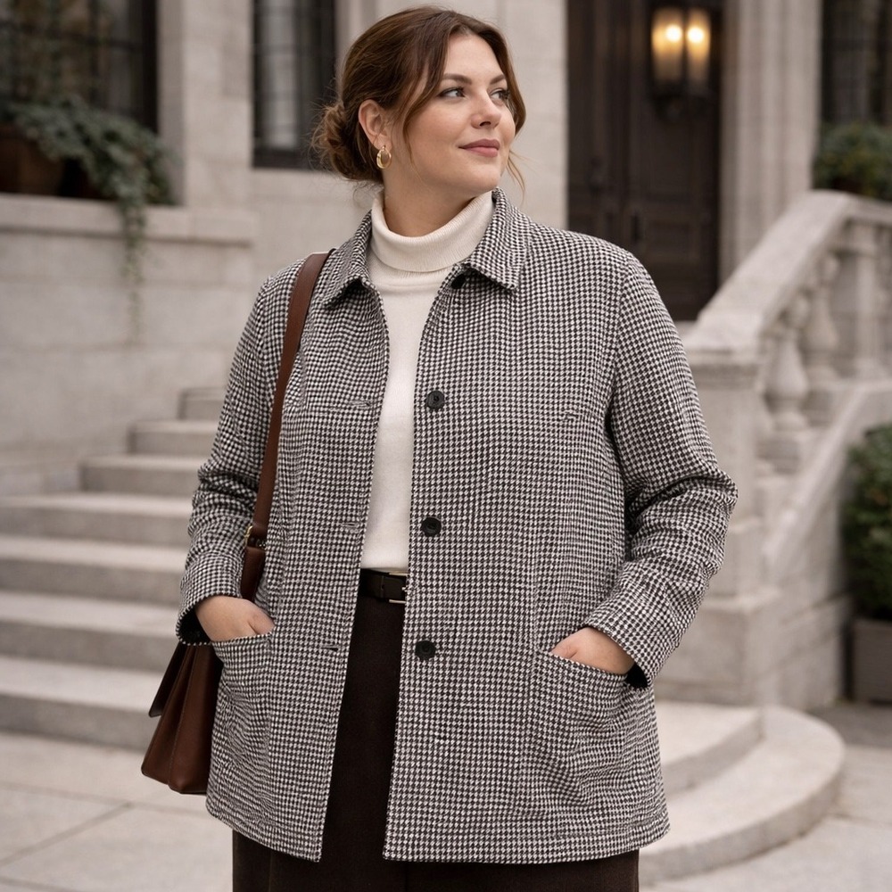 Ralph Lauren Reversible Coat Women Large Black Houndstooth‎ Dark Academia